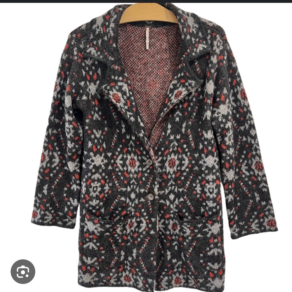 Free People Black Aztec Geo Print Long Cozy Jacket Wool Alpaca Blend Size XS